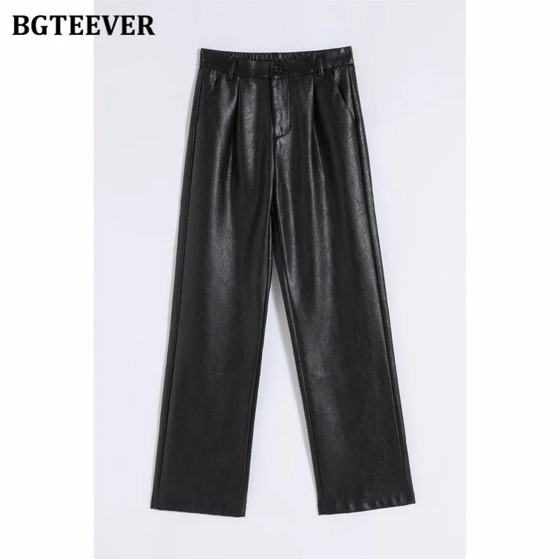 BGTEEVER Stylish Chic Loose Women PU Leather Pants Autumn Winter New Fashion Ladies High Waist Straight Faux Leather Trousers