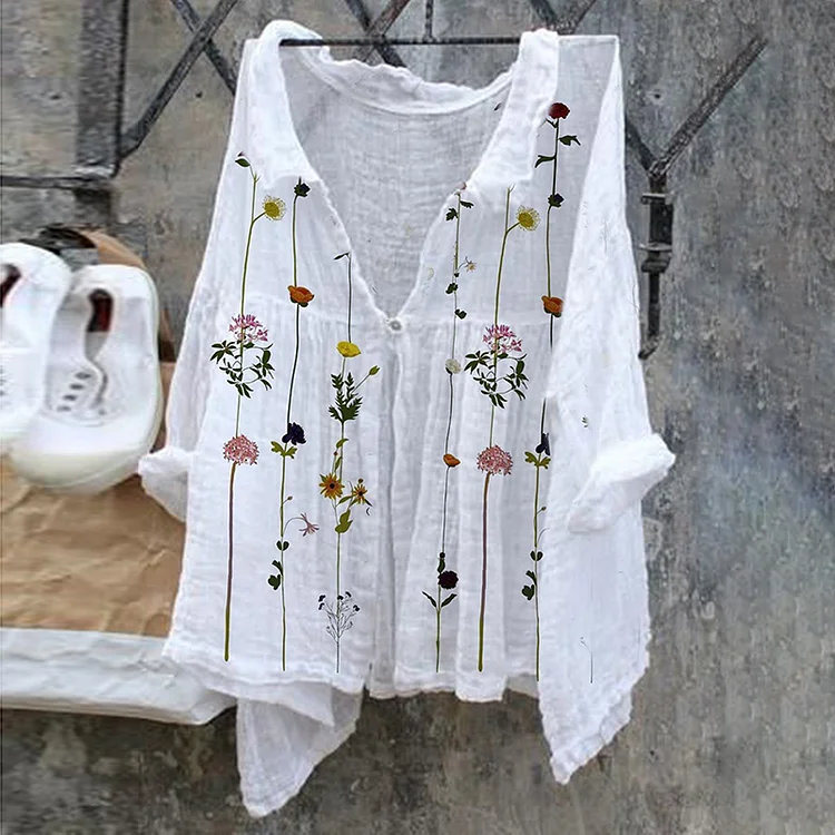VChics Floral Pattern Ladies Casual Floral Print Cotton Linen  Shirt