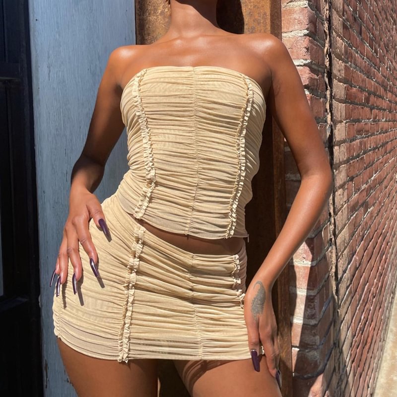 Colourp Folds Mesh Sheer Strapless Tube Top Off Shoulder Backless Cropped And Skinny Mini Skirt 2 Piece Set Women Summer Streetwear
