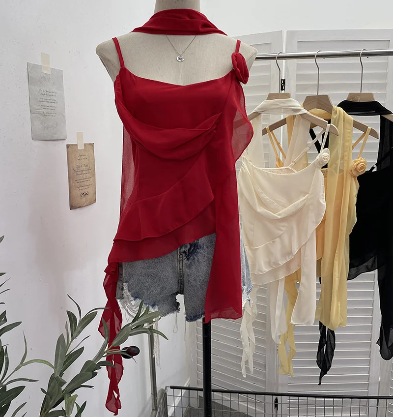 Nigikala Nigikala Irregular Lotus Leaf Edge Ribbon Ribbon Sling Sling Waist Neck Tie With Short Top 9239