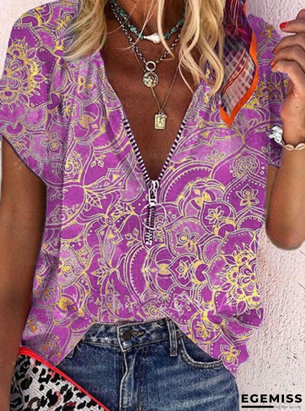 Floral Zipper Short Sleeve Blouse | EGEMISS