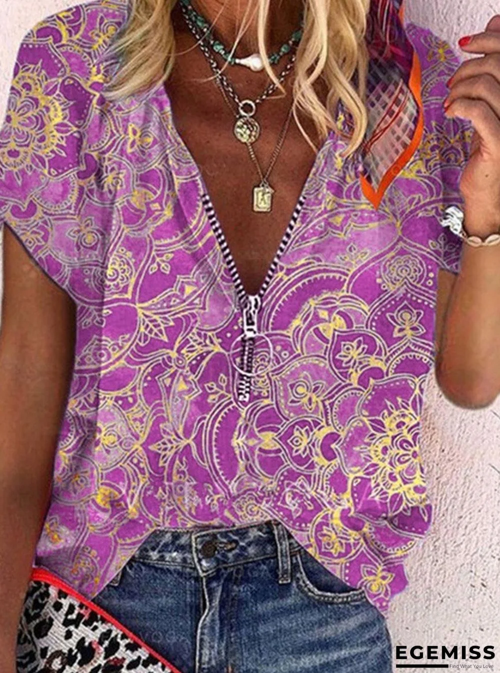 Floral Zipper Short Sleeve Blouse | EGEMISS