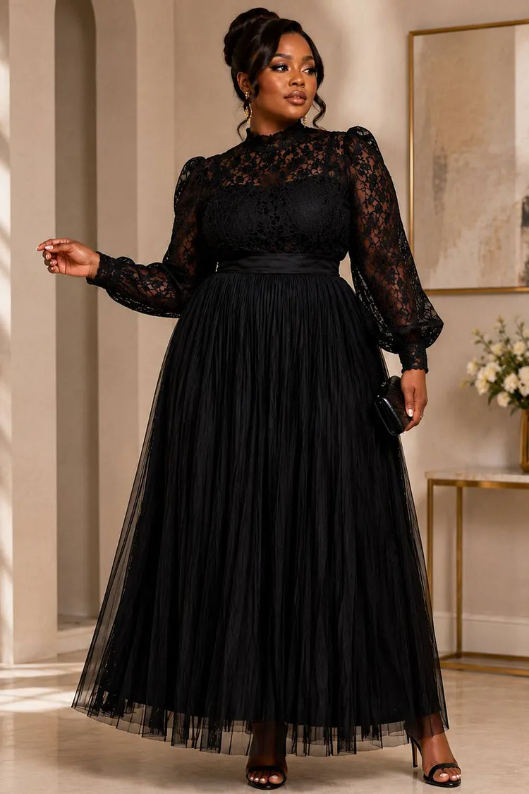 Xpluswear Design Plus Size Formal Tulle Black Stand-Up Collar Puff Sleeve Long Sleeve Pleated See Through Lace Maxi Dresses [Pre-Order] 2024 - Xpluswear