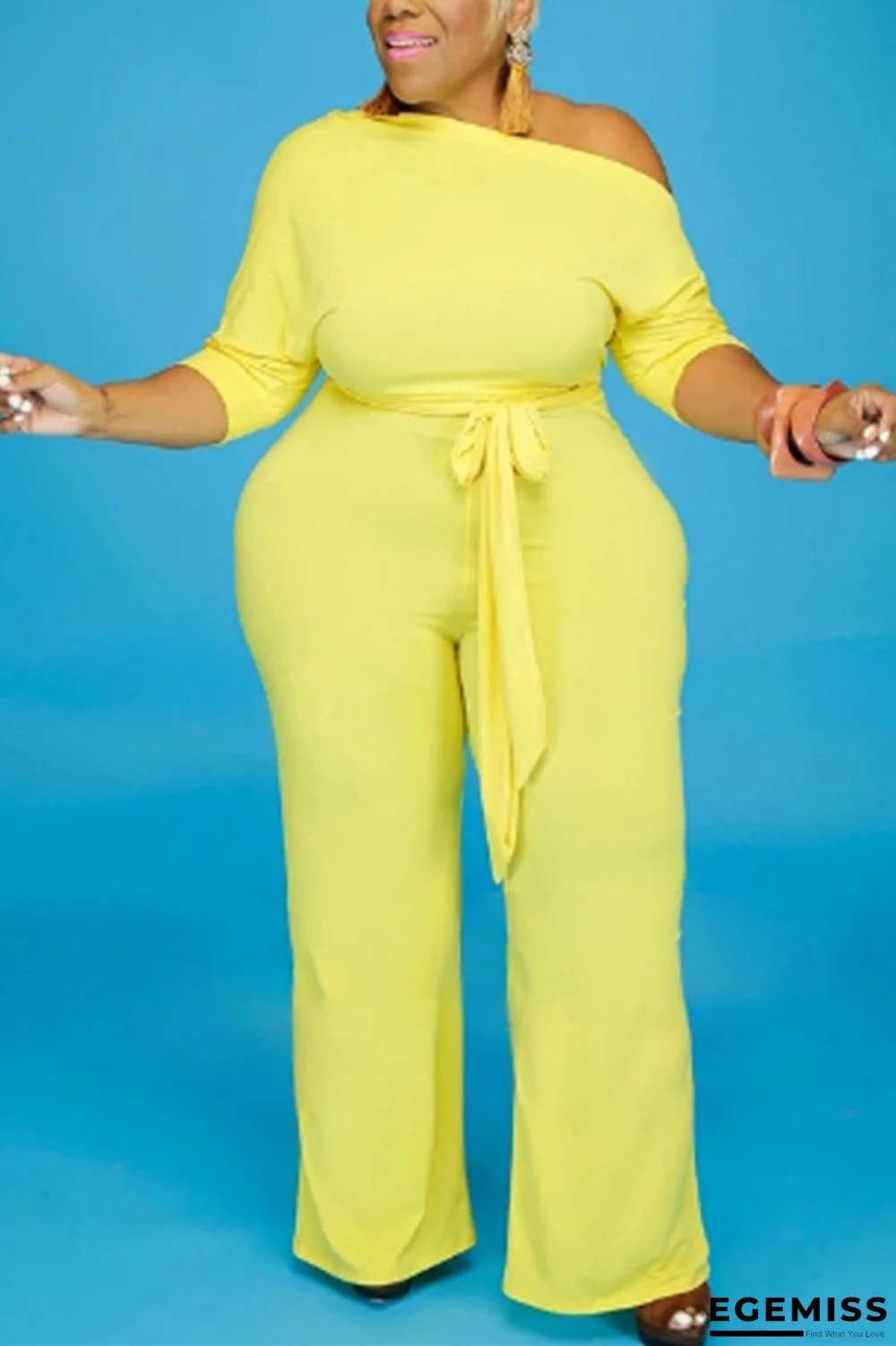 Yellow Fashion Casual Solid Basic Oblique Collar Plus Size Jumpsuit | EGEMISS