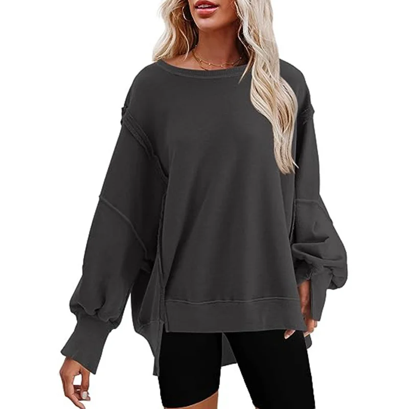 Nigikala Nigikala Women's Clothing 2025 Autumn And Winter New Women's Large Round-Neck Sweatshirt Side Open Fork Long-Sleeved Sweater