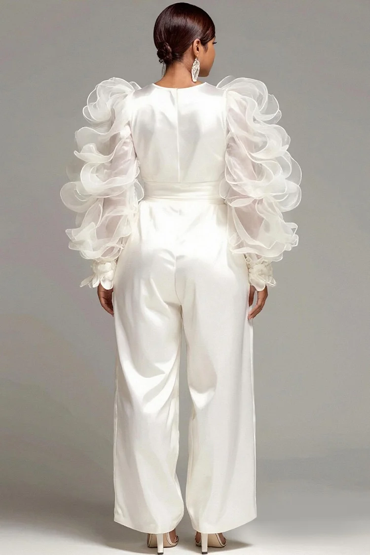 Xpluswear Design Plus Size Formal Tulle White Round Neck Long Sleeve Pocket Elegant 3D Satin Jumpsuits [Pre-Order]