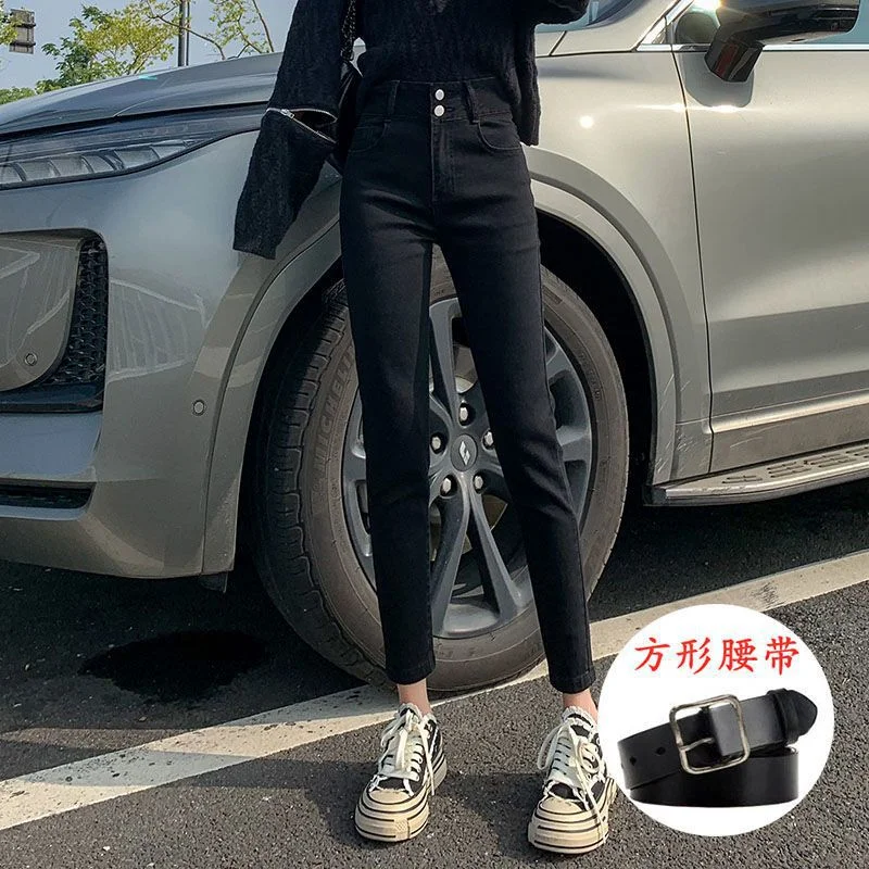 Zingj Zingj Female Autumn 2024 New Korean Version Slim Show Thin High Waist Two Buckle Elastic Small Feet Pencil Pants Tide-Outfit Ideas
