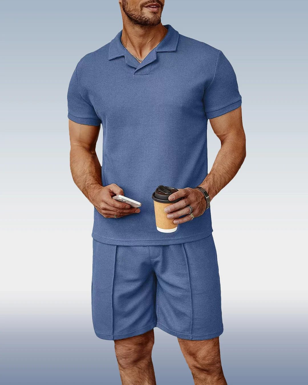 Suitmens Men's Blue Knit V-Neck Polo Shirt