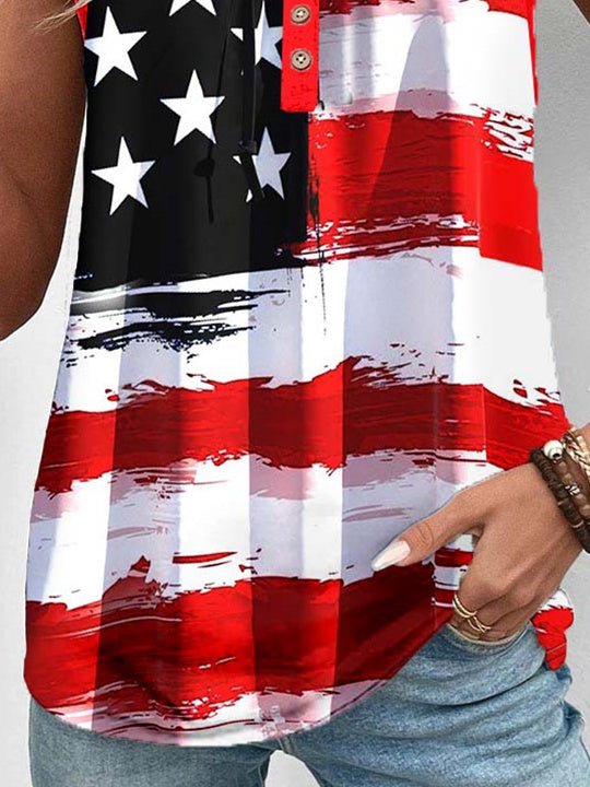 Women Sleeveless Scoop Neck Striped Star Printed Graphic Button Tops