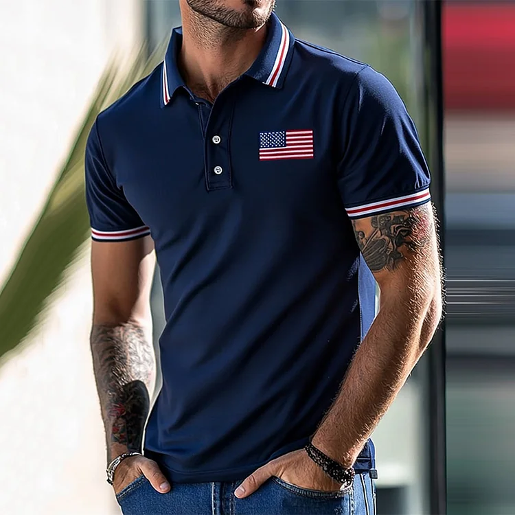 Men's Business Casual Independence Day Striped Button Short Sleeve Polo Shirt