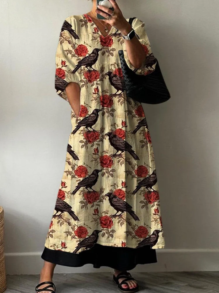 Women's Vintage Lovely Floral Raven Art Print Pocket V-neck Cotton Dress