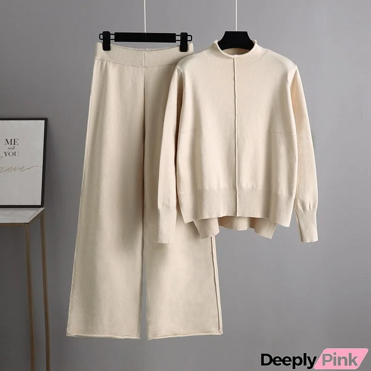 Autumn And Winter Women Casual Solid Color Knitted Sweater Pants Two-Piece Set