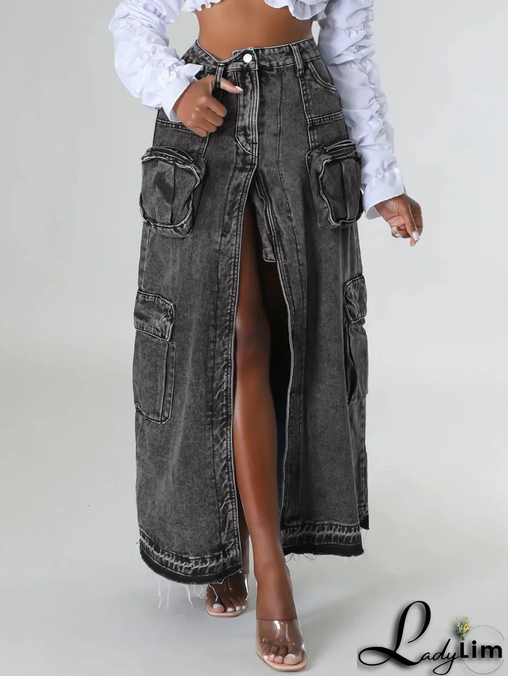 Denim Daily High Front Slit Pockets Maxi Skirt