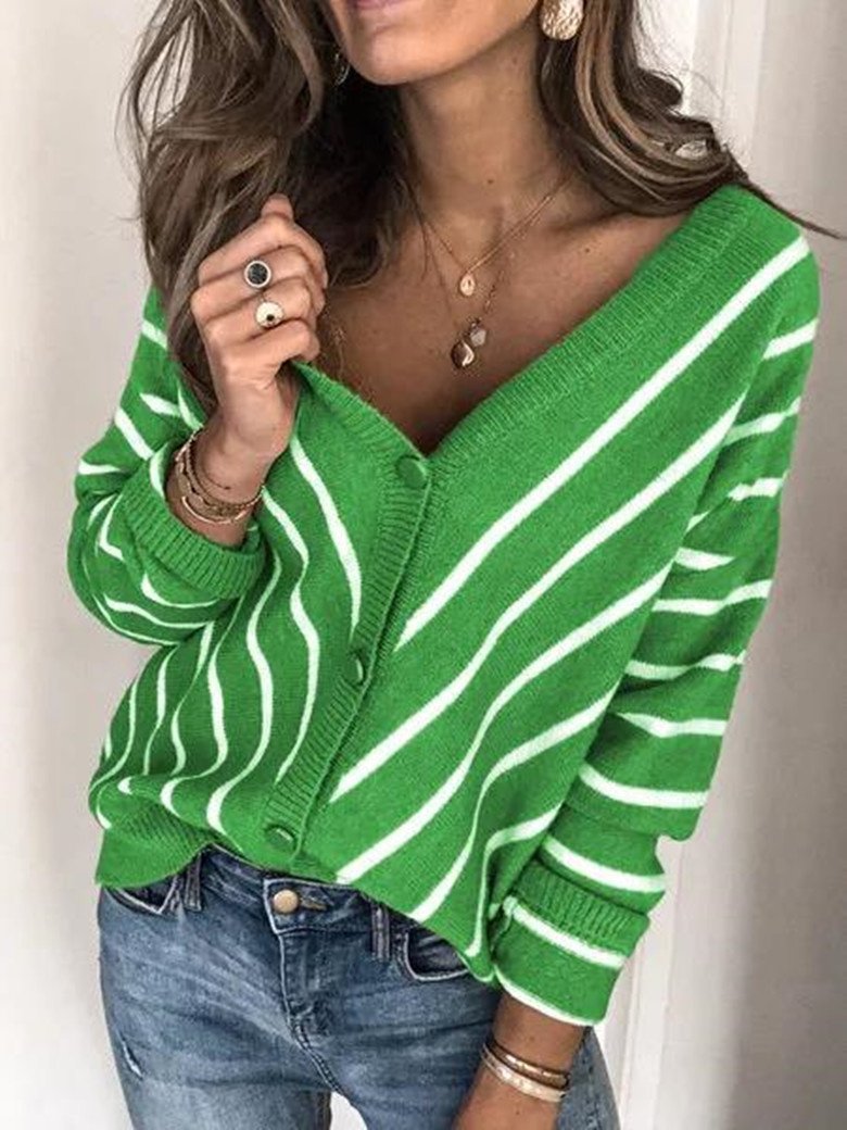Women's Long Sleeves V-neck Striped Sweater Top