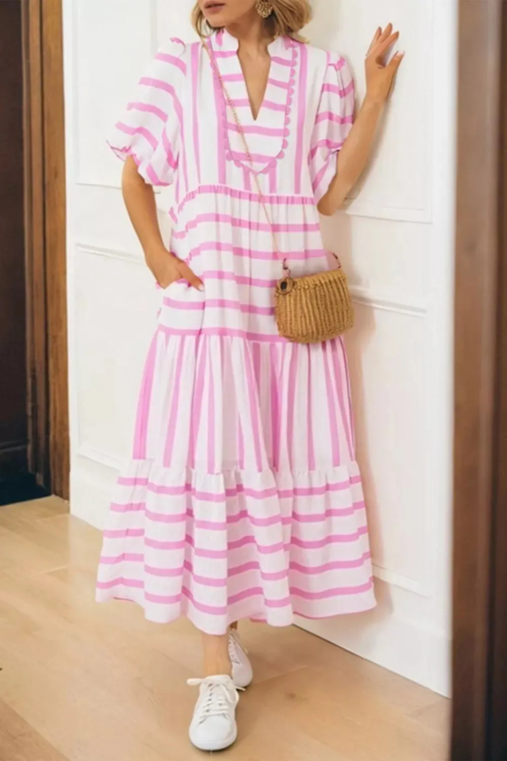 Stripe Ricrac Trim Notched Neck Half Sleeve Dress mysite idetrend