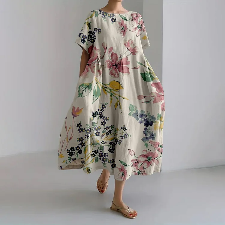 VChics Casual Floral Print Round Neck Short Sleeve Midi Dress