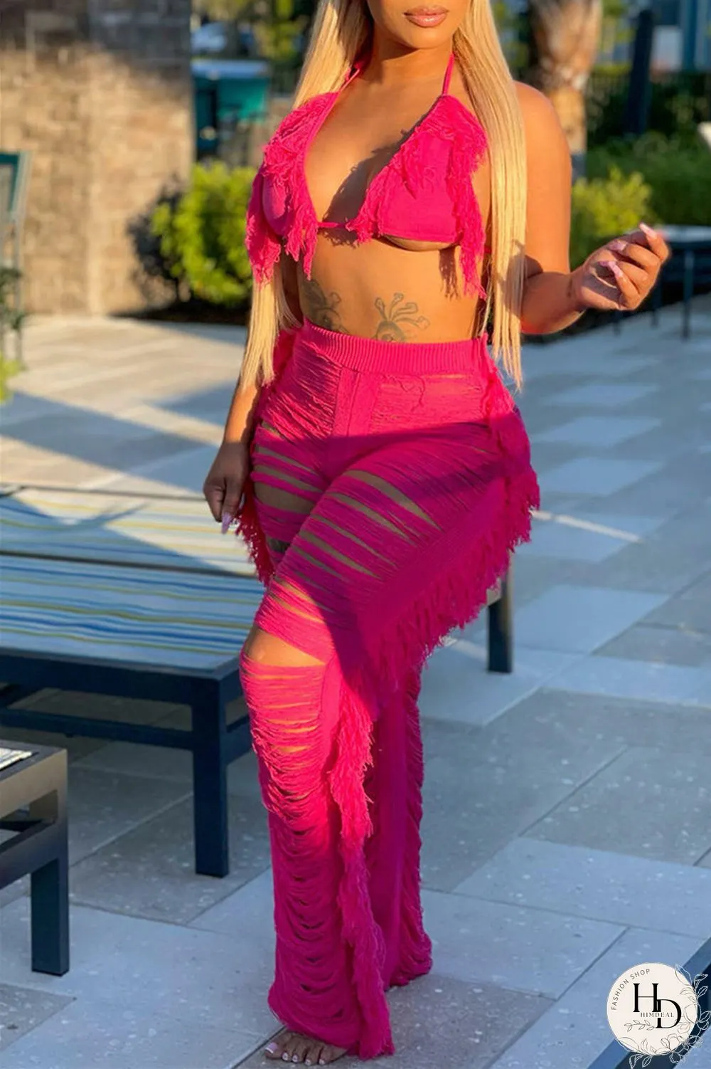 Rose Red Fashion Sexy Solid Bandage Patchwork Backless Halter Sleeveless Two Pieces