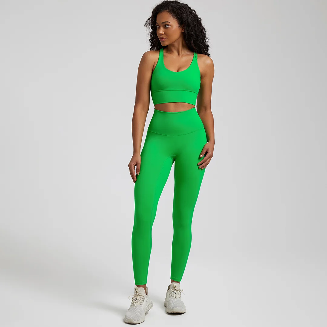 Solid color high elastic back cross over bra+sports leggings 2-piece set