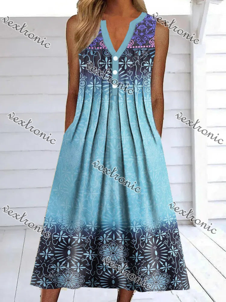 Women's Blue Short Sleeveless V-neck Graphic Floral Printed Maxi Dress