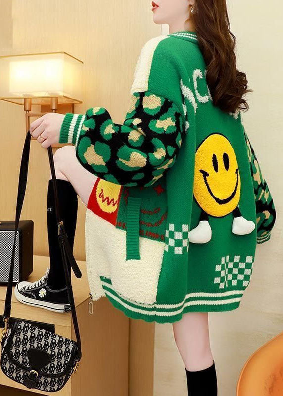 VCSHOES Green Oversized Patchwork Jacquard Knit Cardigans Spring