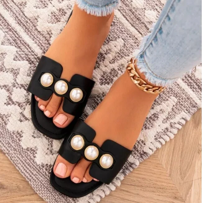 Summer Elegant Women Pearl Design Women Slippers Pu Leather Flat Heel Rubber Sole Outdoor Ladies Luxury Slides  Mujer