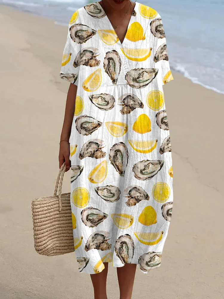Casual Lemon Oyster Print V-Neck Dress