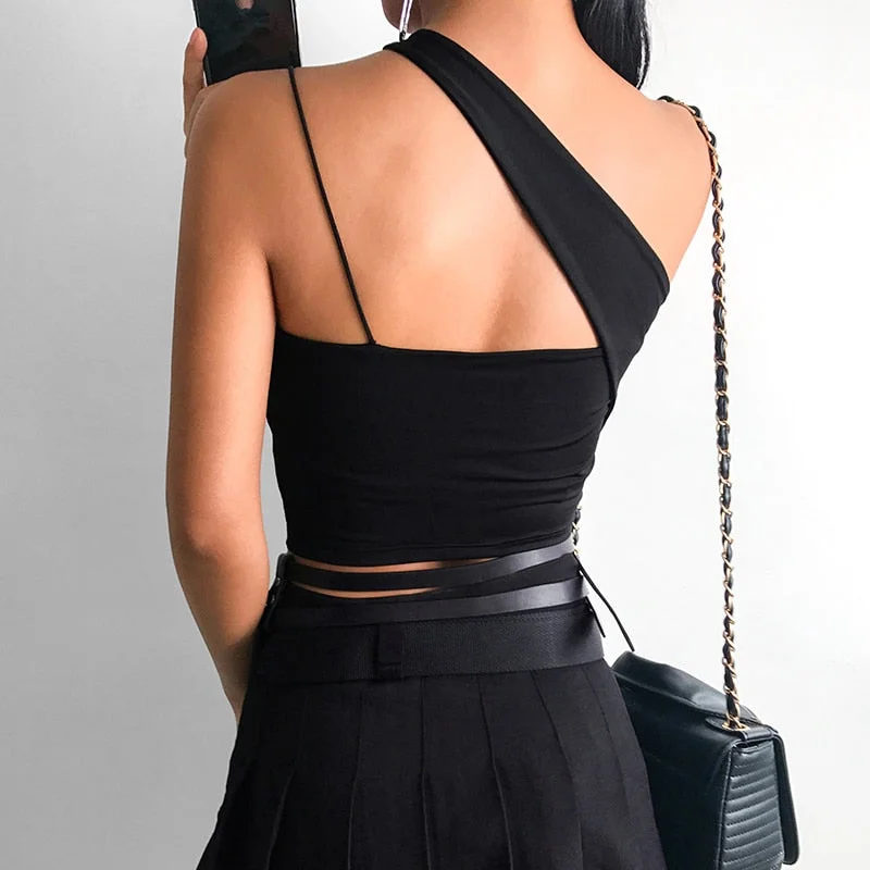 HEYounGIRL Irregular Halter Tank Top Women Harajuku Backless Cropped Top Ruched Black Cami Tops Tees Ladies Summer Party Club