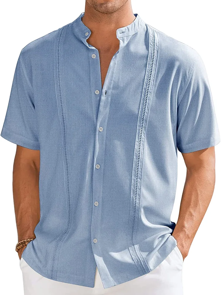 Men's Summer Guayabera Cotton and Linen Stand Collar Short Sleeve Shirt