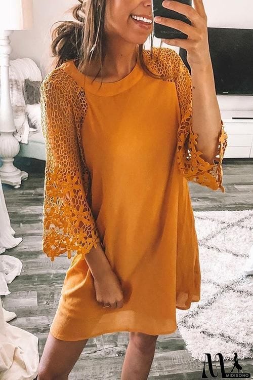 MidiSono - Lace Hollow Sleeve O Neck Mini Dress