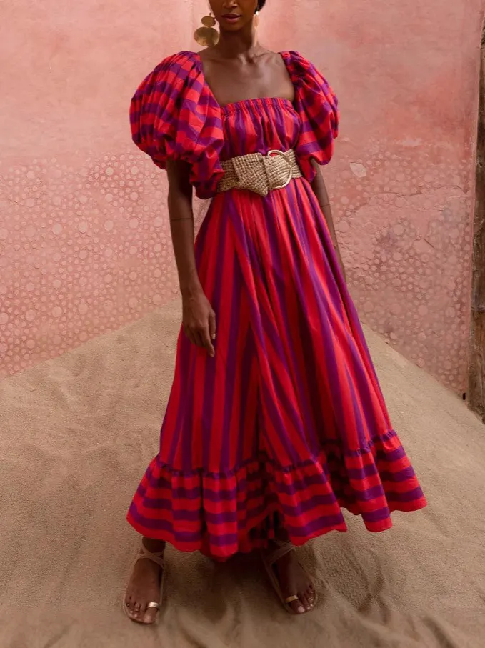 Stunning Unique Stripe Print Puff Sleeve Maxi Dress