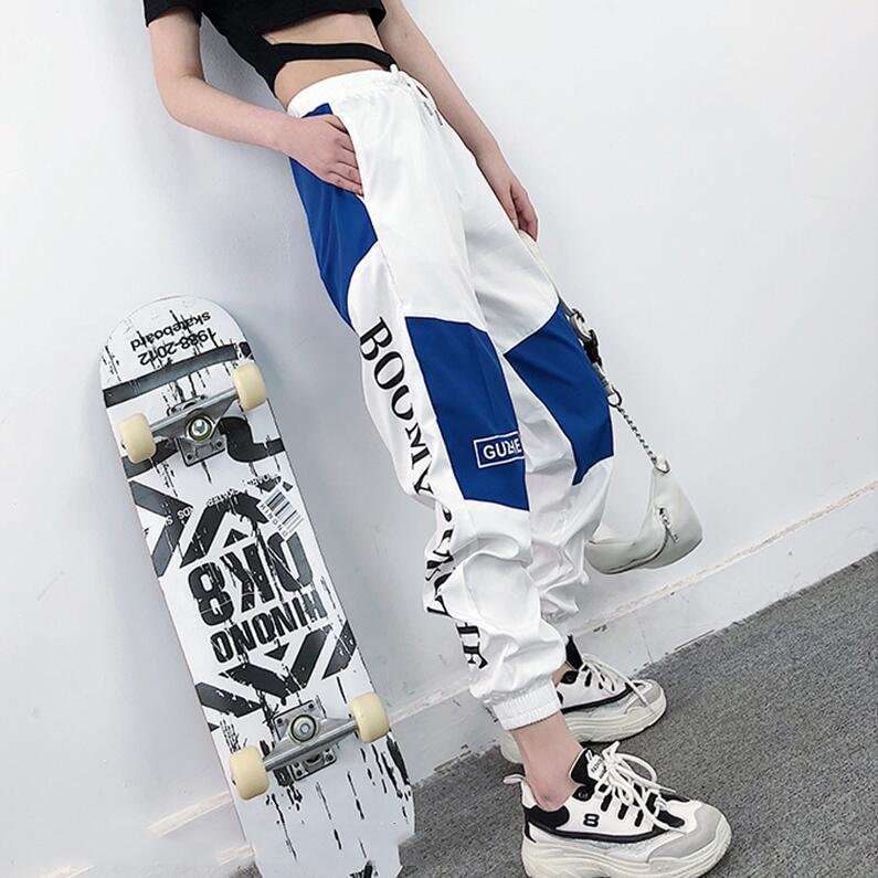 High Waist Letter Spliced Cargo Pants Women Loose Harajuku BF Ankle-Length Overalls Pants Plus Size Hip Hop Women's sports pant
