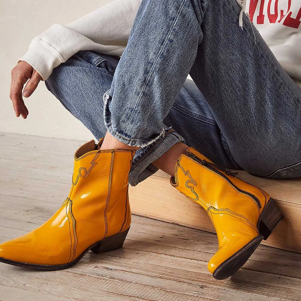 Yellow Vegan Leather Paten  Pointed Toe Side-Zip Wide Ankle Boots With Chunky Heels Nicepairs
