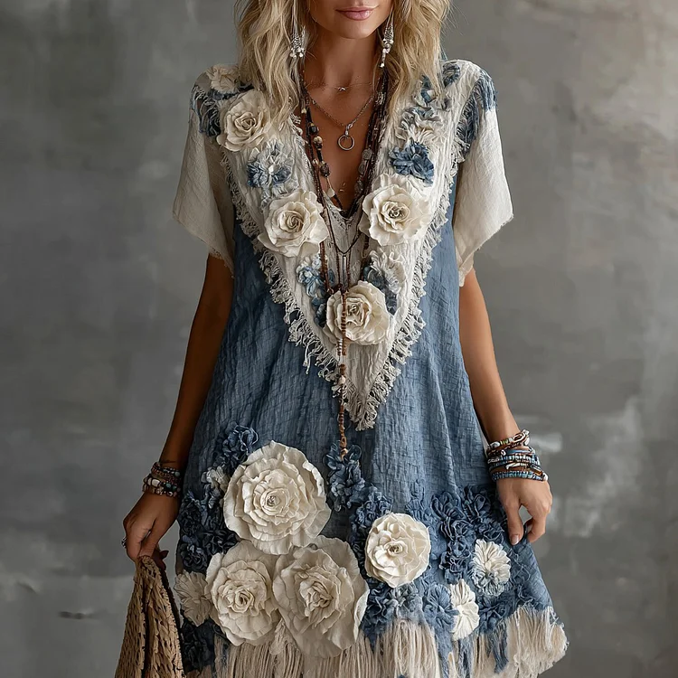 Women's Retro White Rose Lace Splicing Linen Short Dress