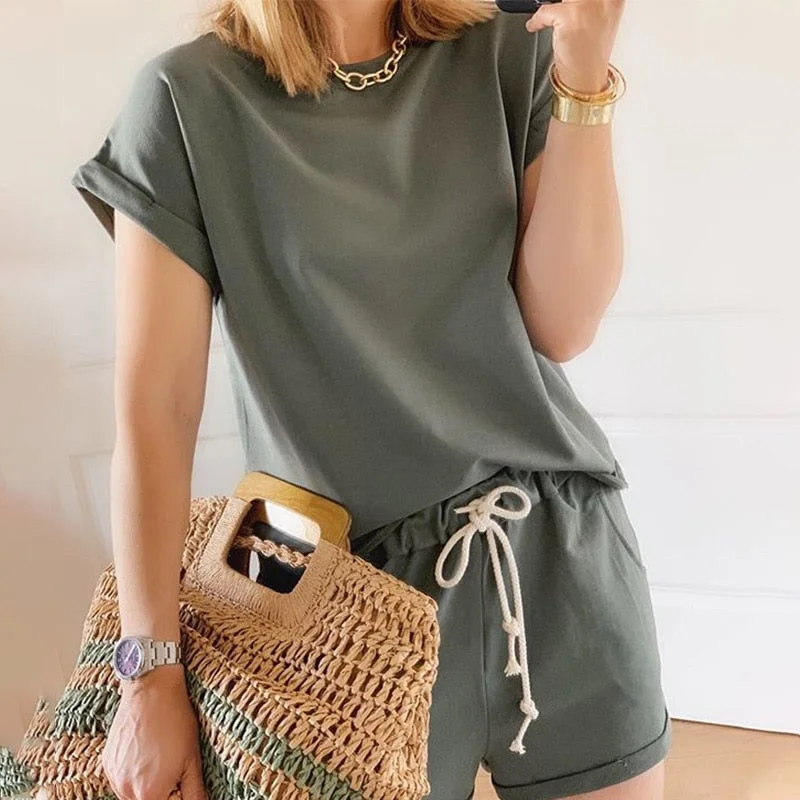 Solid Summer Women's Suit Two Pieces Tracksuit Short Sleeve Sports Suits Women 2021 Casual Tracksuits Elastic Waist Lady Set