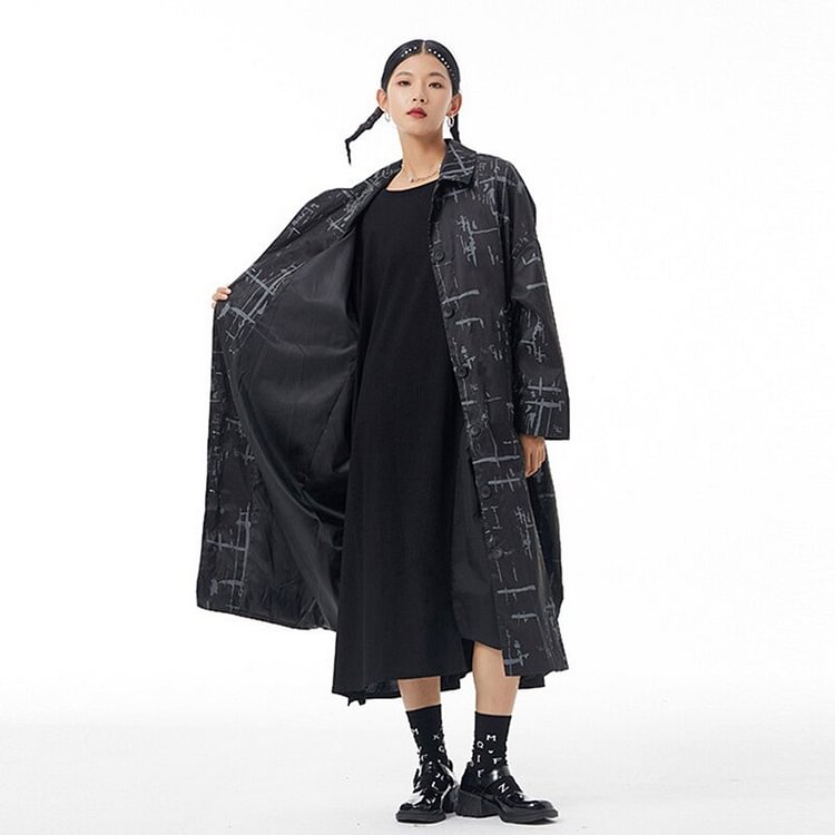 Fashion Loose Turn-down Collar Printed Single-breasted Long Sleeve Trench Coat 