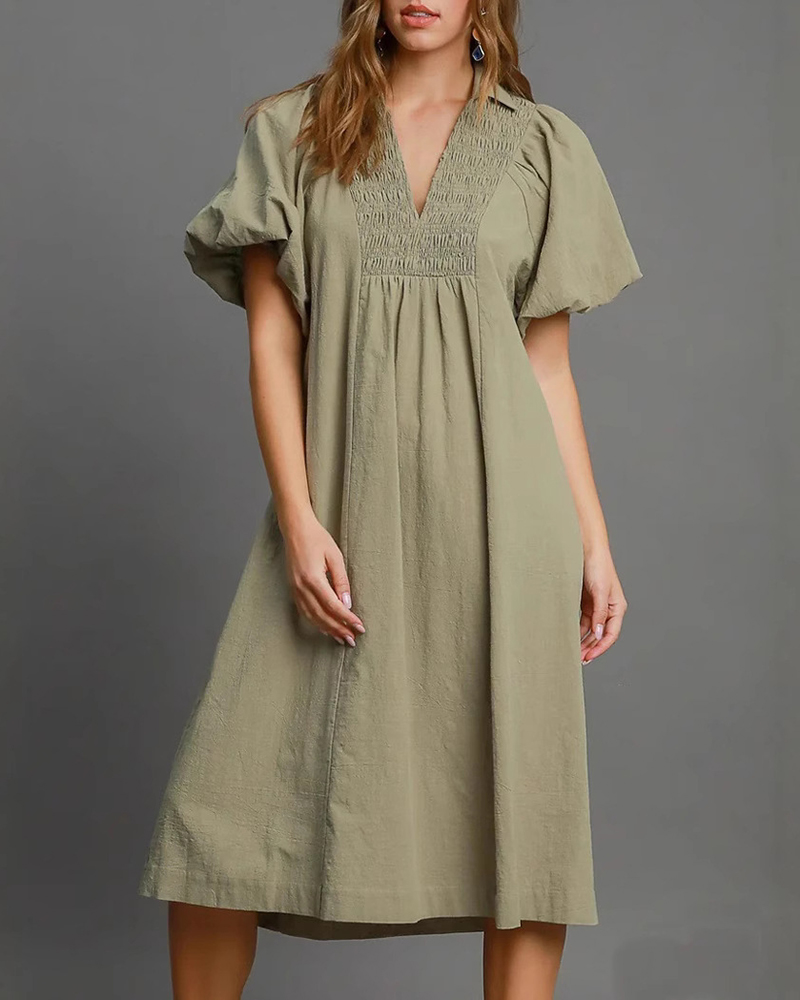 Puff Short Sleeve Ruched V Neck Midi Dress