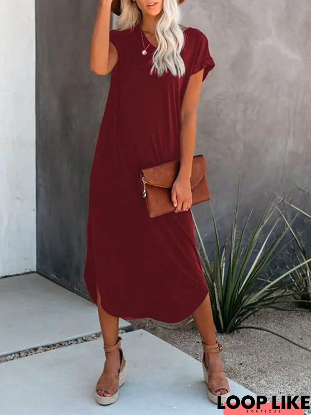 V Neck Cotton-Blend Solid Short Sleeve Casual Dress