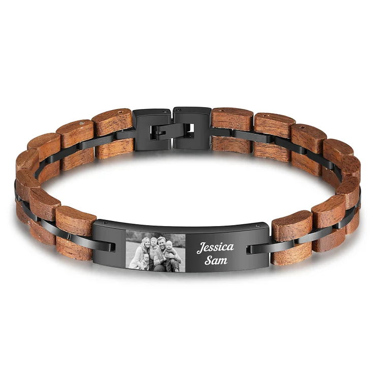 Personalized Photo Bracelet in Black with Wood Link Chain ID Bar Bracelet