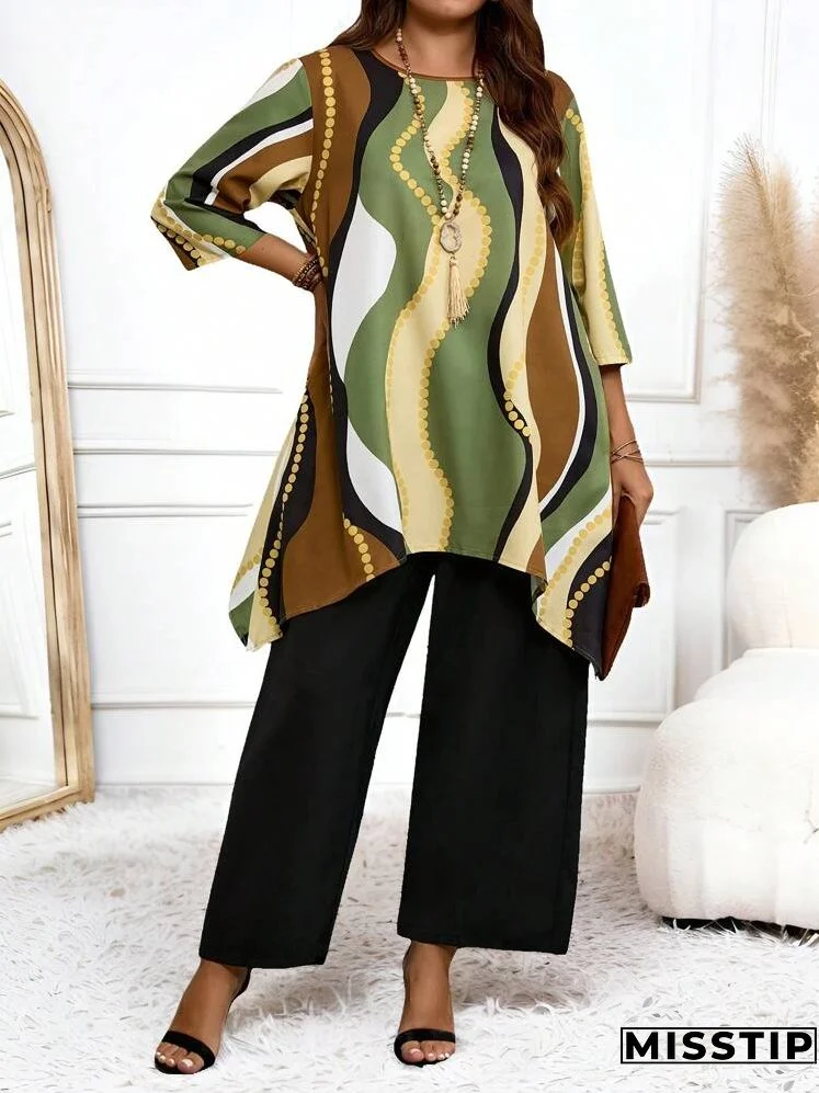 2pcs Plus Size Women Full Print Crew Neck Top With Asymmetric Hem & Solid Color Pants, Casual Set