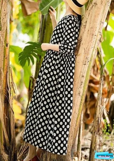 Women Cotton Clothes Plus Size Spring Pleated Long Black Dots Dress ( Limited Stock)