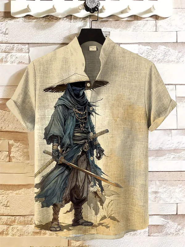 Men's Retro Japanese Killer Assassin Illustration Printed Linen Blend Casual Shirt