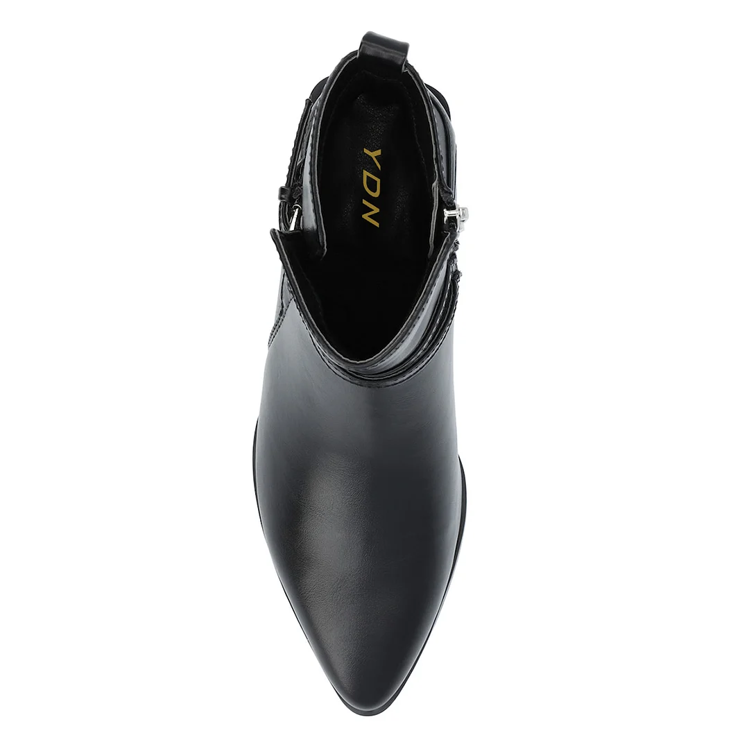 Vegan Leather Pointed Side-Zip Decorative Heel Black Ankle Boots