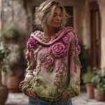 Vintage Bohemian Style Pink And Purple Rose Woven Vine Hoodie Sweater - Image 2