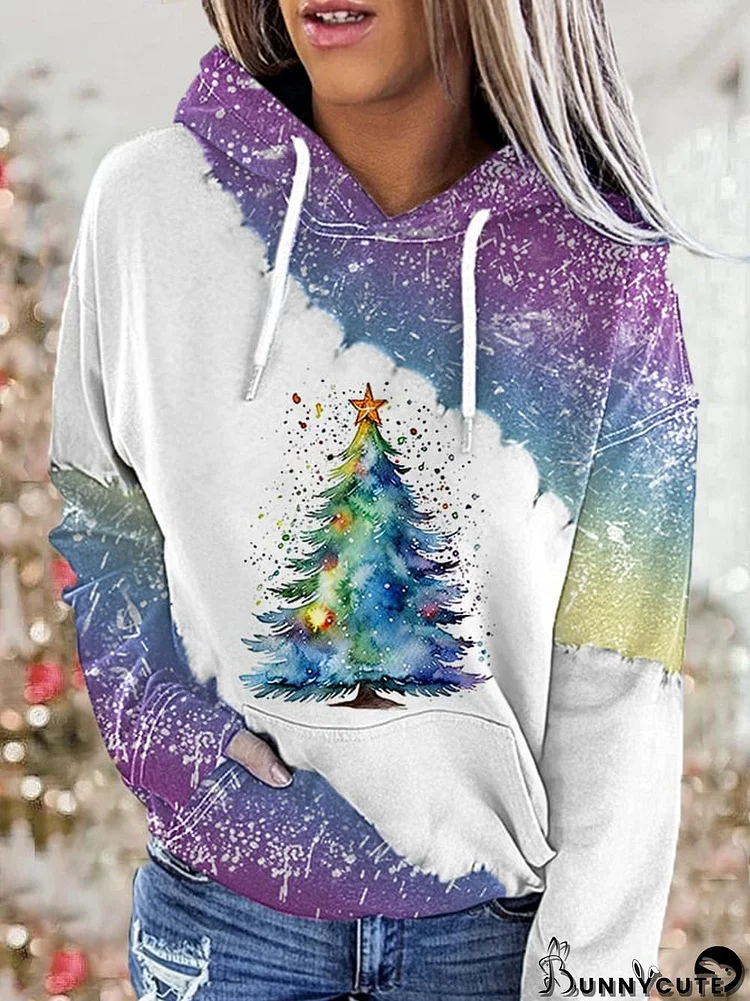Women's Shiny Christmas Tree Gradient Bleach Print Casual Hoodie