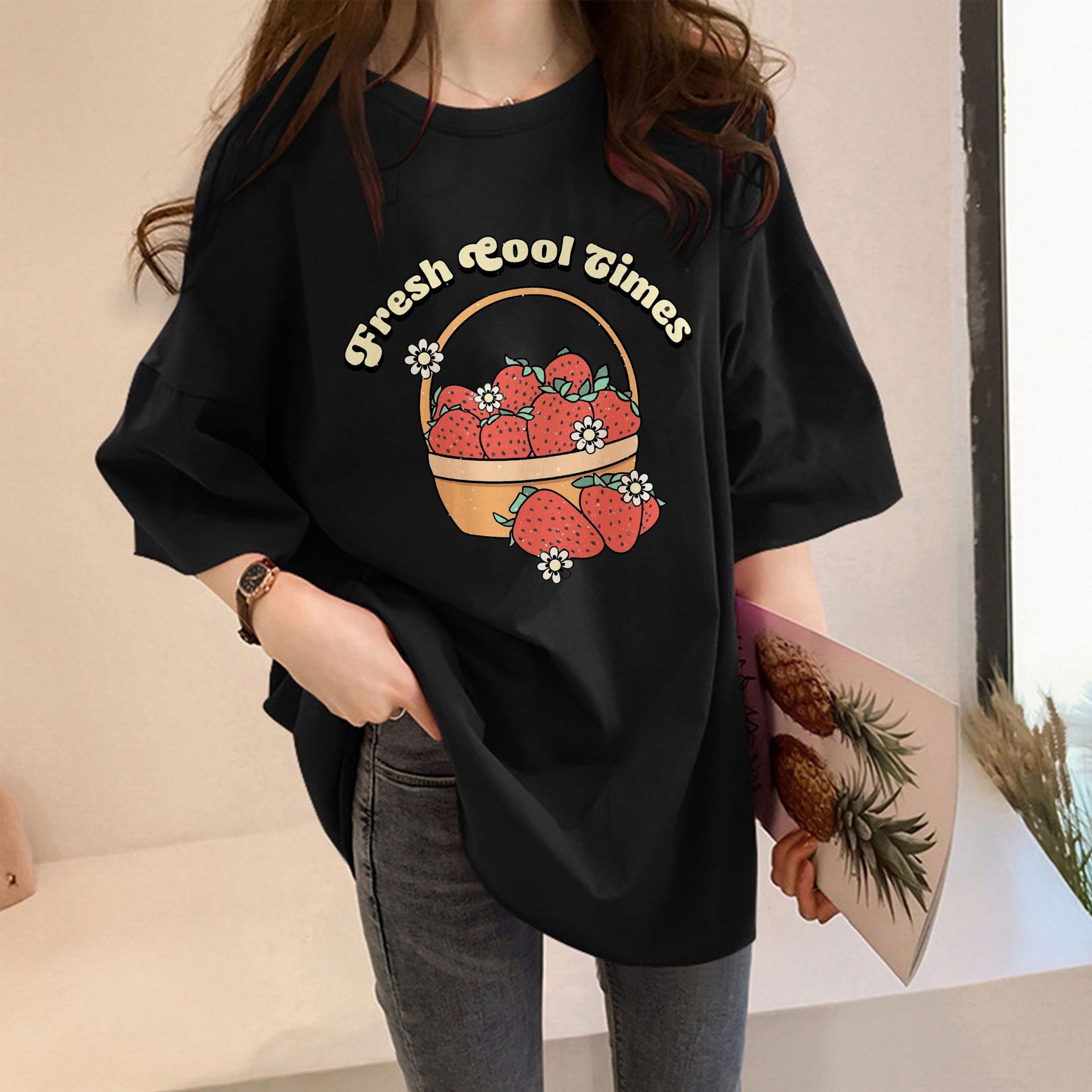 Girl Letter Strawberry Pattern Loose Short Sleeve T-shirt