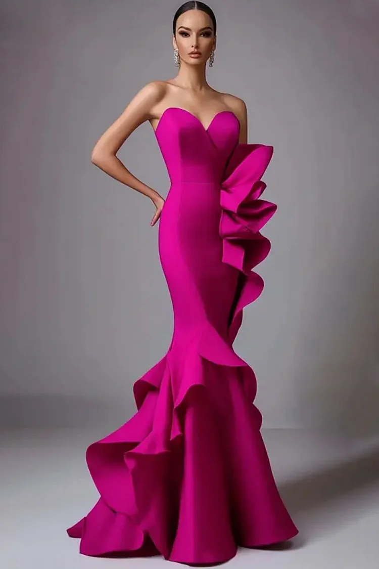 Strapless Ruffle Trim Fishtail Maxi Dress-Magenta [Custom-Made]