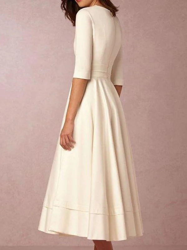 Gathered Half Sleeve A-Line Cocktail Midi Dress