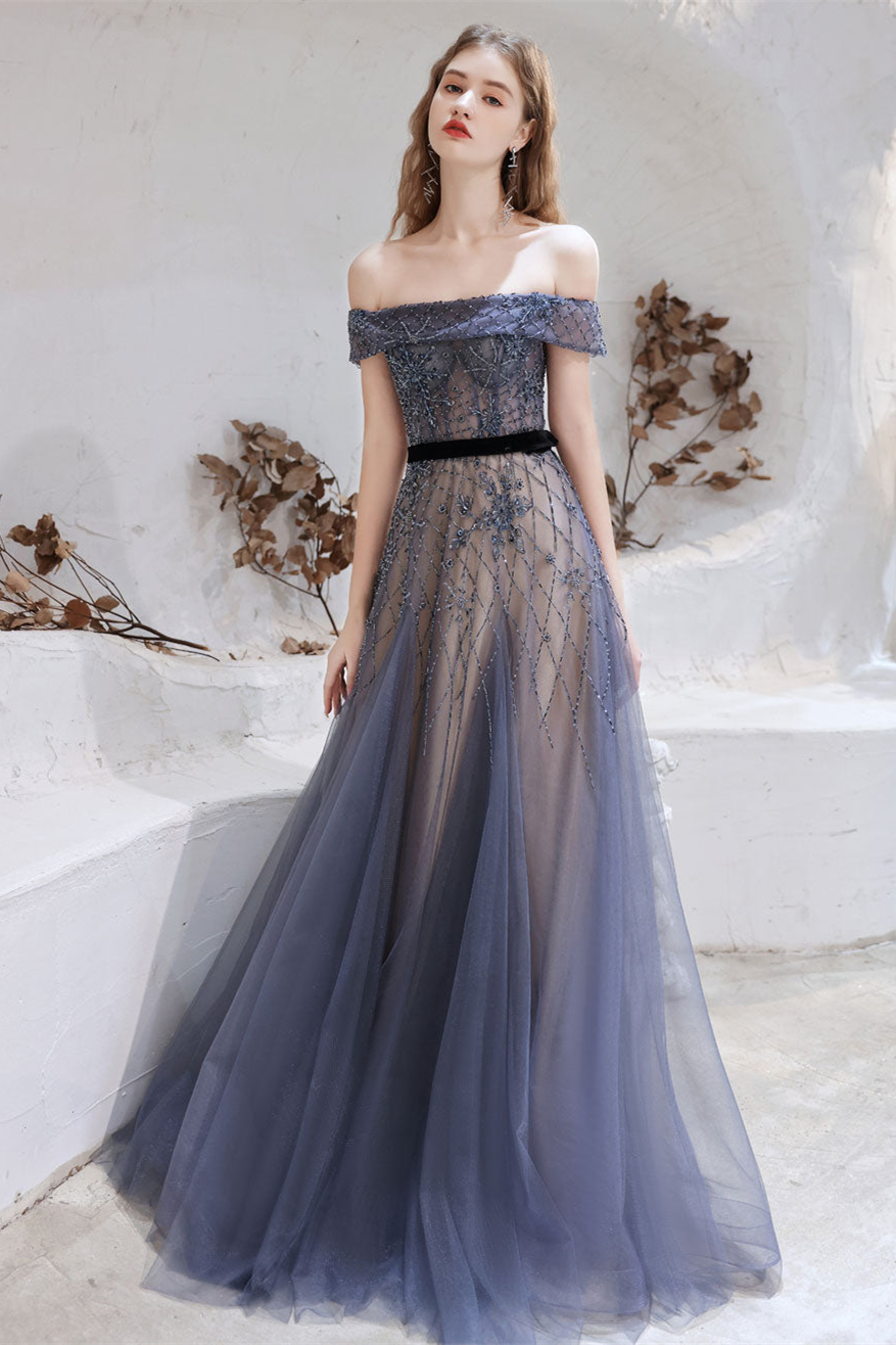 Gorgeous Off-the-Shoulder Tulle Prom Dress With Beadings Online - lulusllly