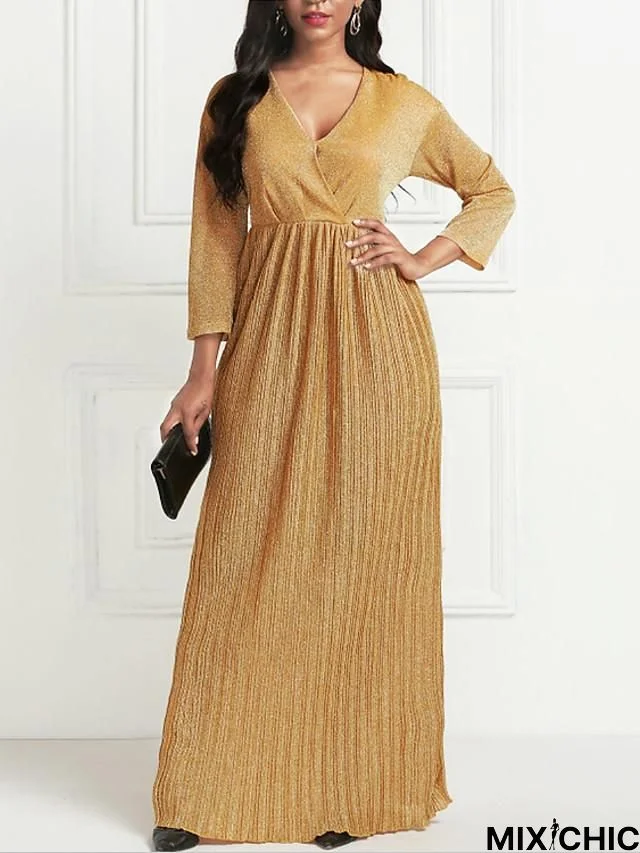 Women's Maxi Long Dress Gold 3/4 Length Sleeve Pleated Summer V Neck Hot Formal