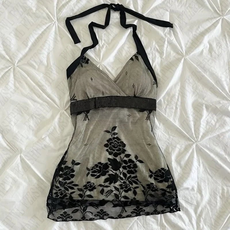 Aonga Lace pattern suspenders retro halter neck Harajuku millennial Y2K crop tops urban mood girl rock aesthetic punk slim women's top aonga